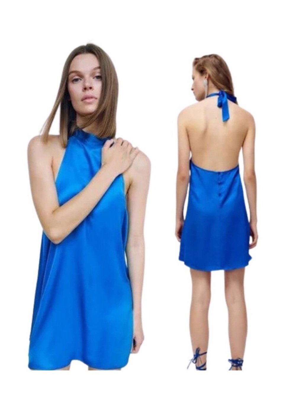 Zara Blue High-Neck Short Satin Halter Dress